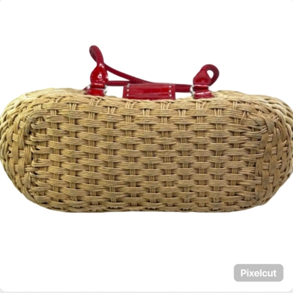 Vintage Brighton Straw Shoulder Bag 2000s Red Patent Leather Silver Hardware - Picture 3 of 8